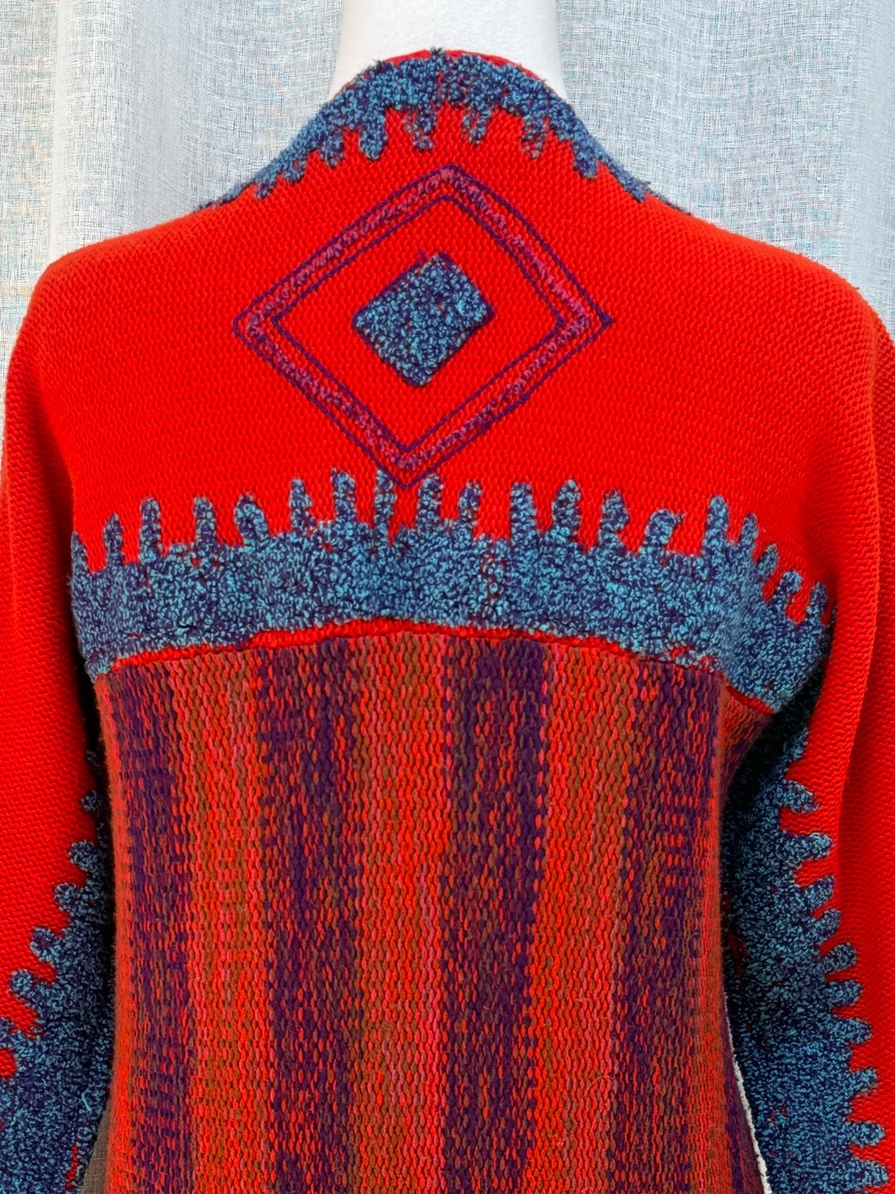 1970s Rikma striped duster jacket featuring a red and blue knitted - Picture 4 of 8
